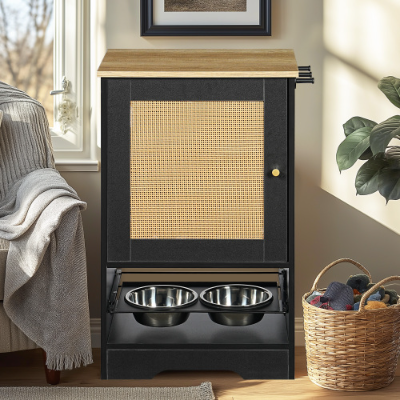 Pet Feeding Station with Storage, 2 Elevated Bowls & Side Hooks