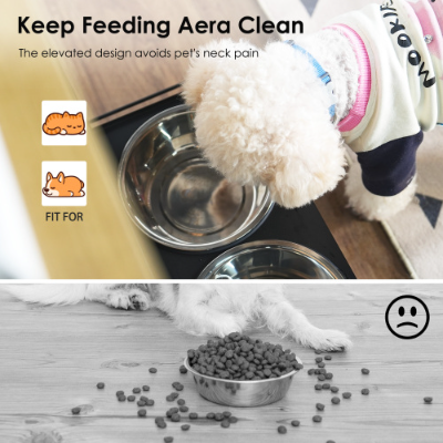 Pet Feeding Station with Storage, 2 Elevated Bowls & Side Hooks