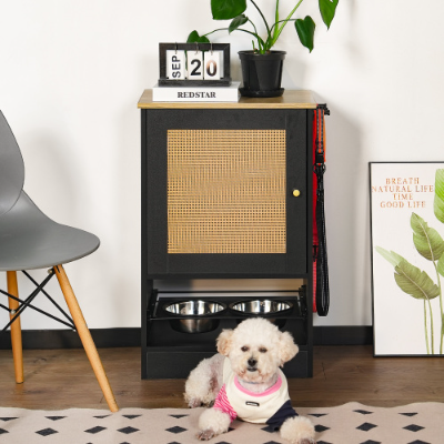 Pet Feeding Station with Storage, 2 Elevated Bowls & Side Hooks